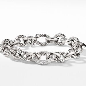 David Yurman | Sterling Silver Oval Link Bracelet With Pave Diamonds, 15mm